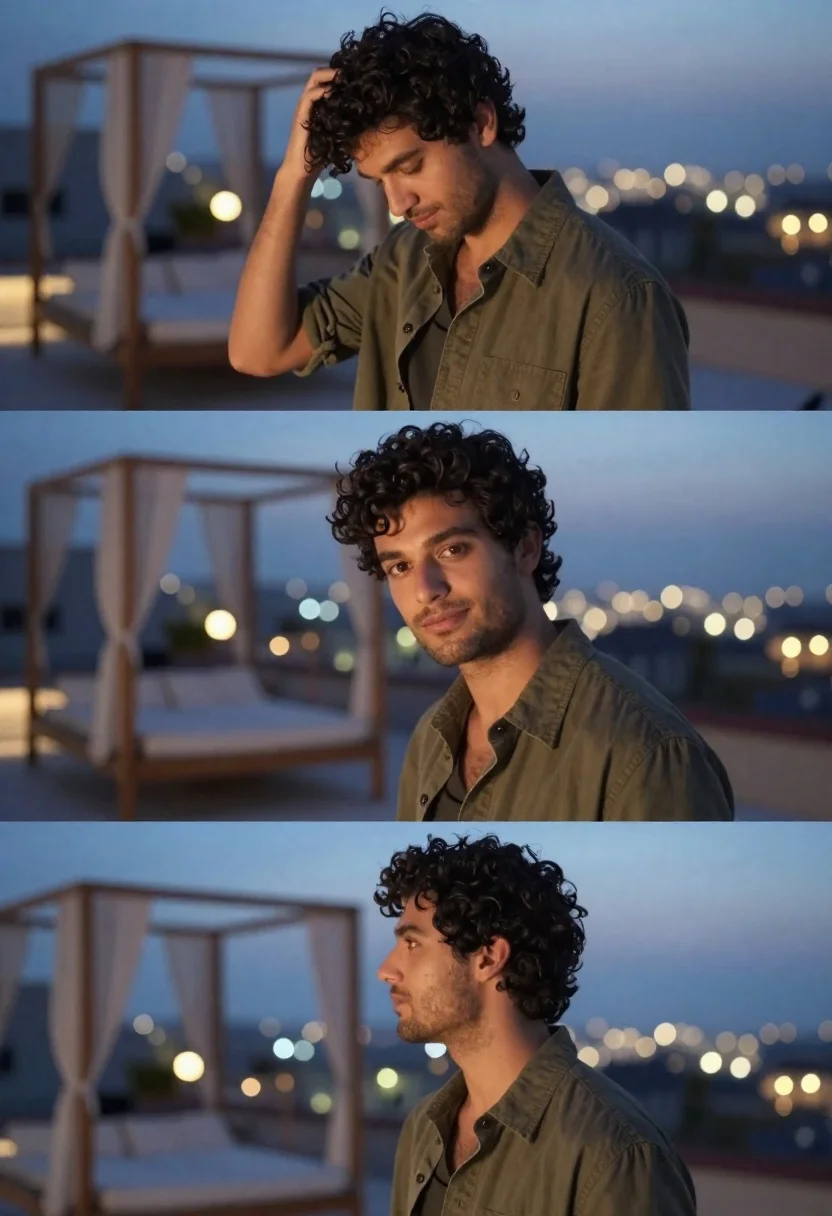 Young man with dark curly hair on rooftop terrace at dusk - AI generated image prompt sample