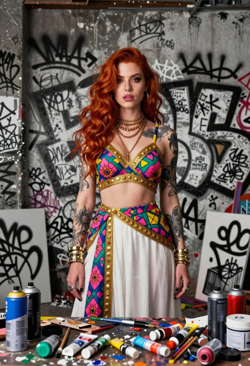 Woman with red hair in graffiti covered studio