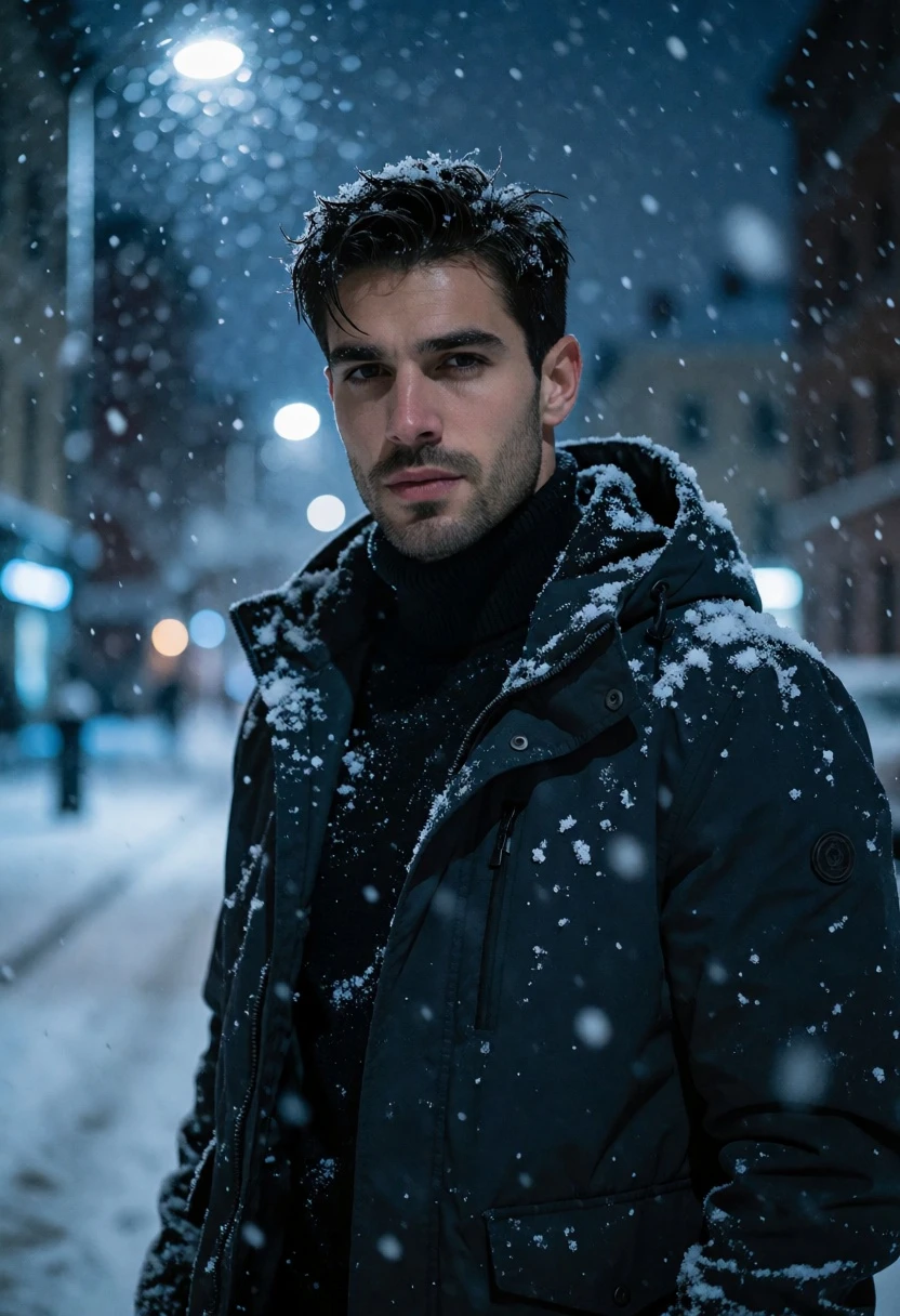 Handsome man in dark jacket standing on snowy urban street at night - AI generated image prompt sample