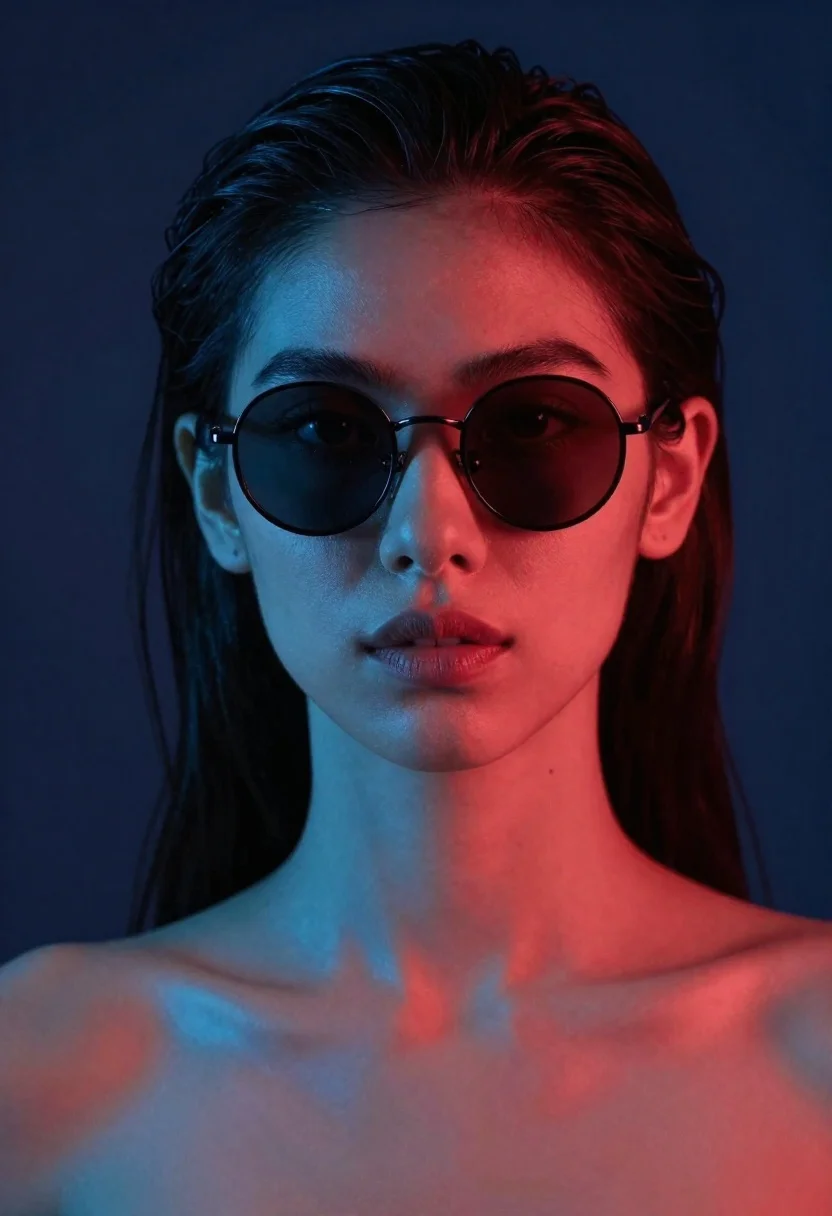 Portrait of young woman with dark hair and sunglasses in blue light - AI generated image prompt sample