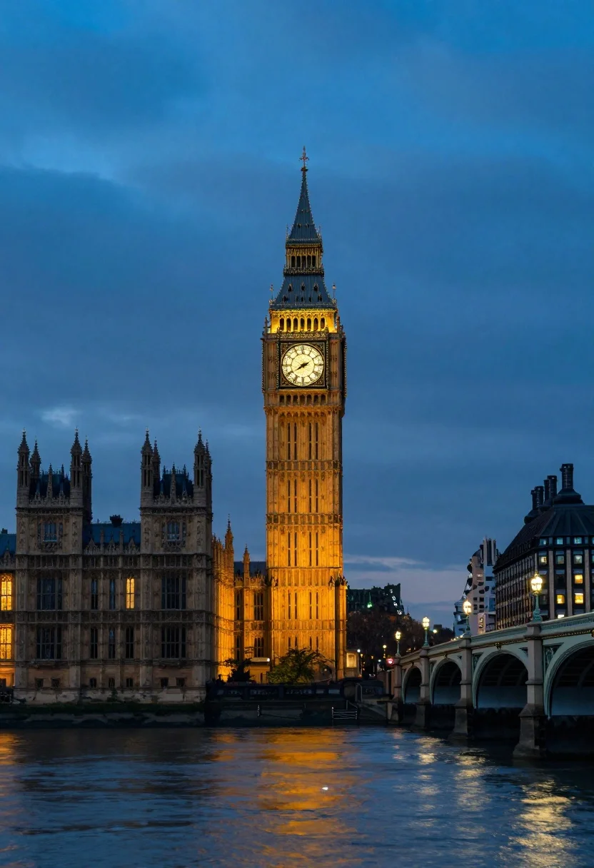 Wide view of elizabeth tower big ben against twilight blue sky - AI generated image prompt sample