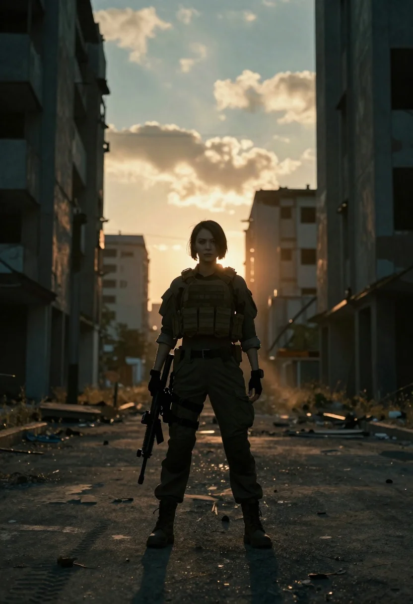 Female soldier in tactical gear on abandoned urban street at sunset