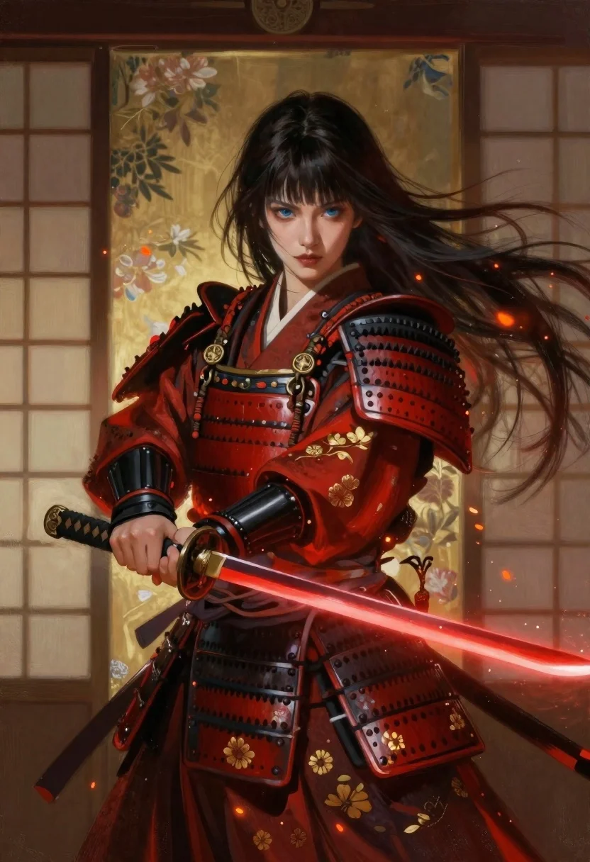 Samurai warrior with katana before japanese screen