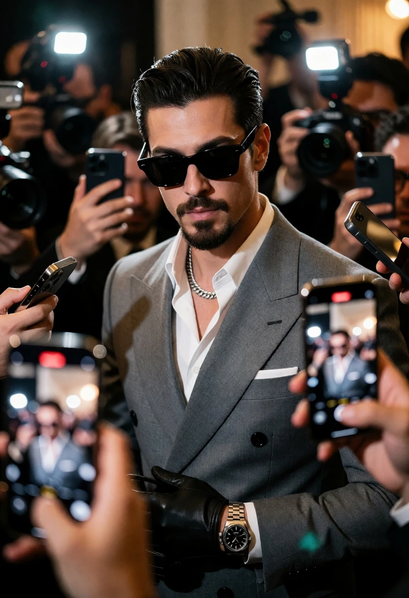 Handsome man in grey suit surrounded by flashing paparazzi cameras indoors - AI generated image prompt sample