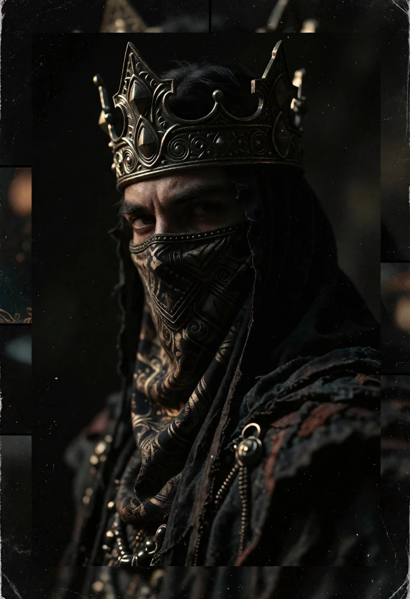 Moody portrait of regal figure wearing ornate crown and patterned face veil - AI generated image prompt sample