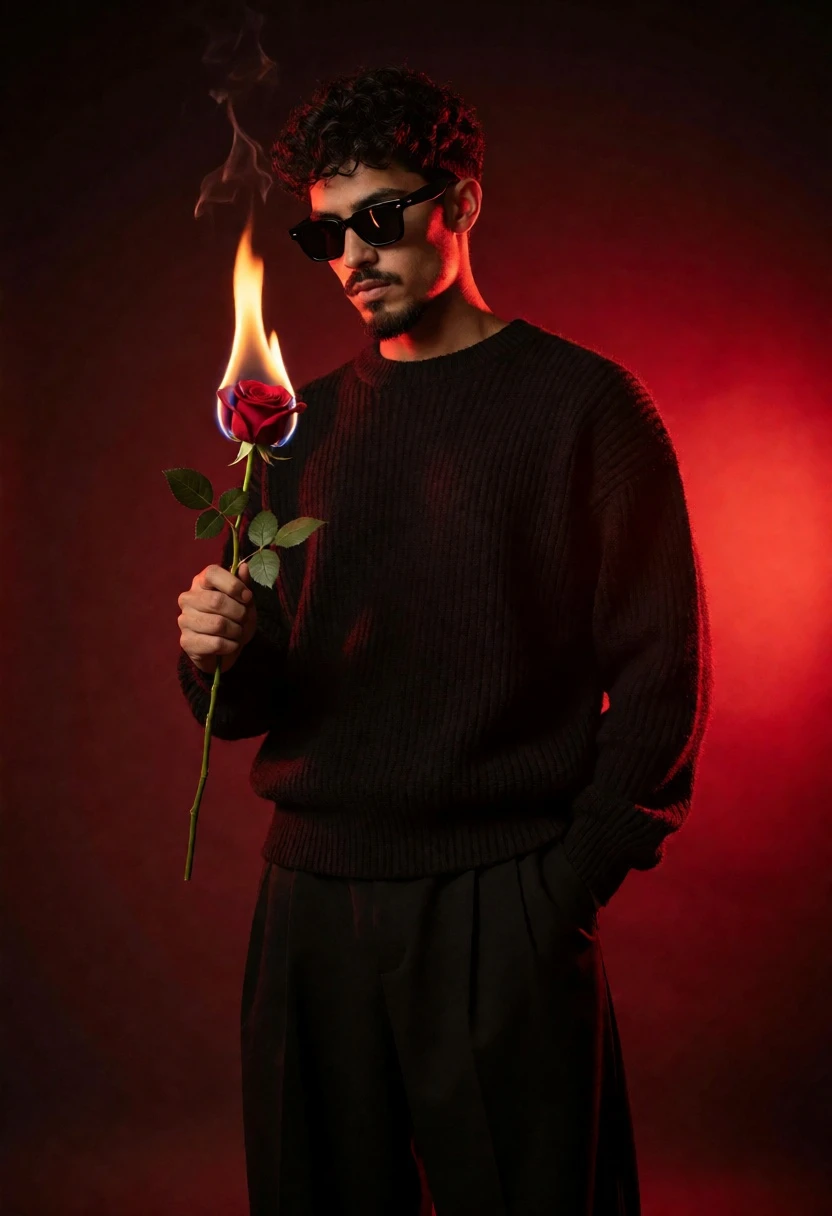 Man in black sweater holding burning red rose against deep red void - AI generated image prompt sample