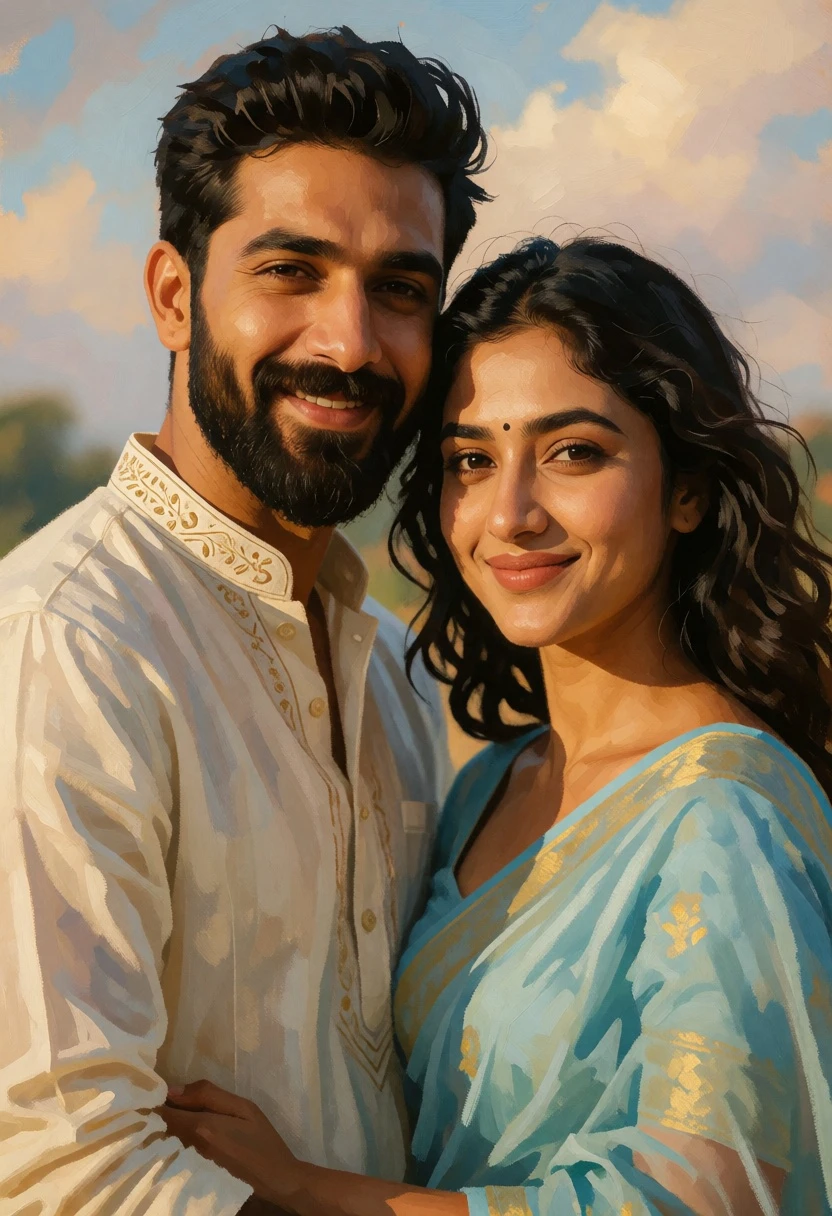 Romantic portrait of smiling couple in traditional indian attire against soft sky - AI generated image prompt sample