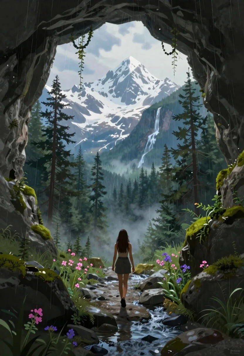 Woman walking from mossy cave to mountain landscape