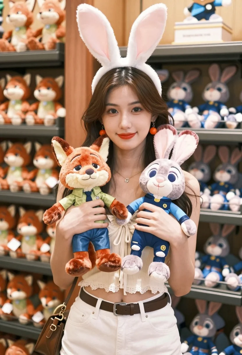 Young woman smiling with plush toys in brightly lit toy store setting - AI generated image prompt sample