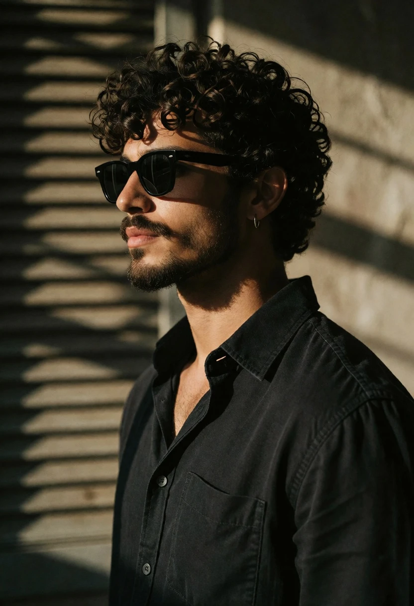 Stylish man in dark shirt against slatted wall with high contrast lighting - AI generated image prompt sample