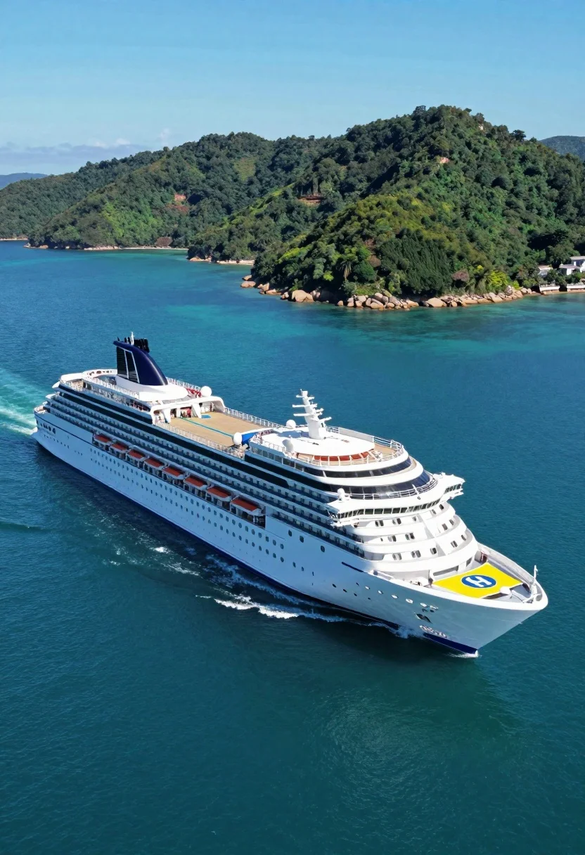 High angle aerial view of white cruise ship near lush green tropical - AI generated image prompt sample