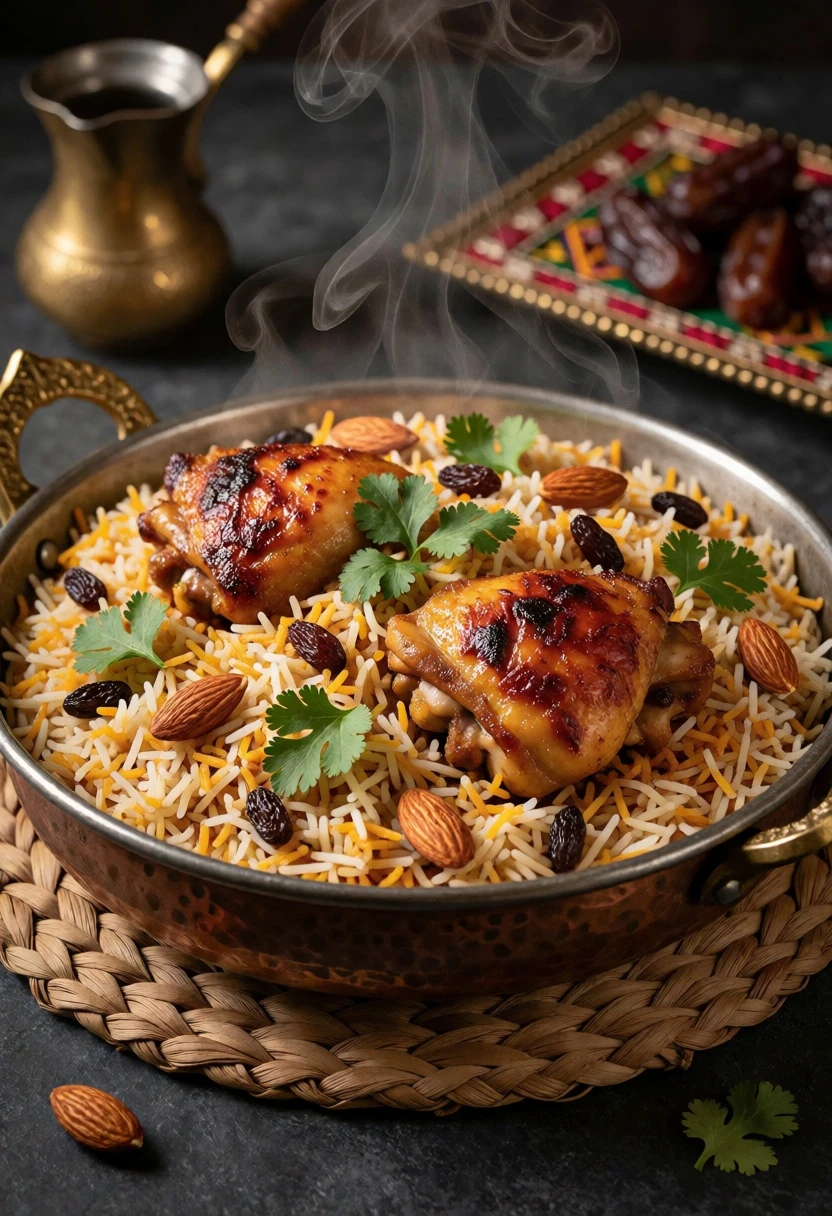 Steaming copper platter biryani with roasted chicken on dark slate surface - AI generated image prompt sample