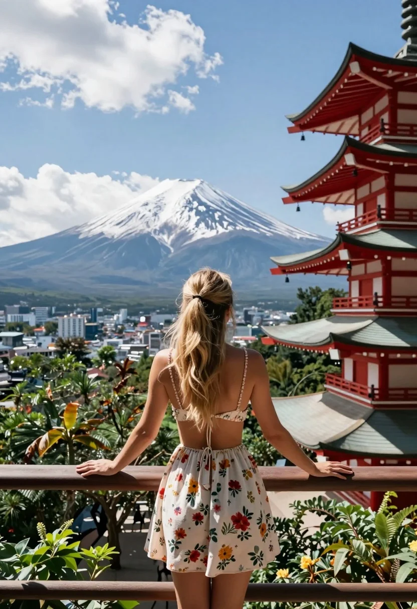 Woman viewing snow capped mountain from high vantage point near red pagoda - AI generated image prompt sample