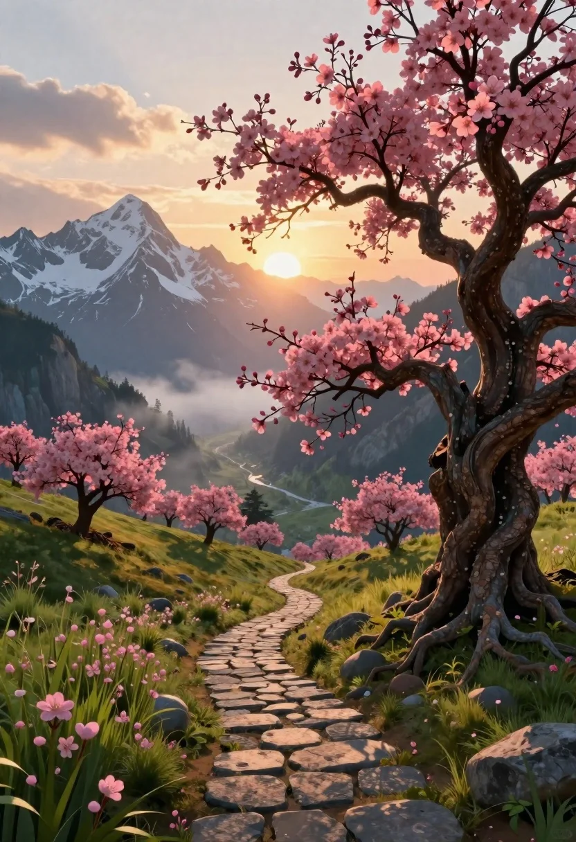 Fantasy mountain landscape with ancient tree at sunrise