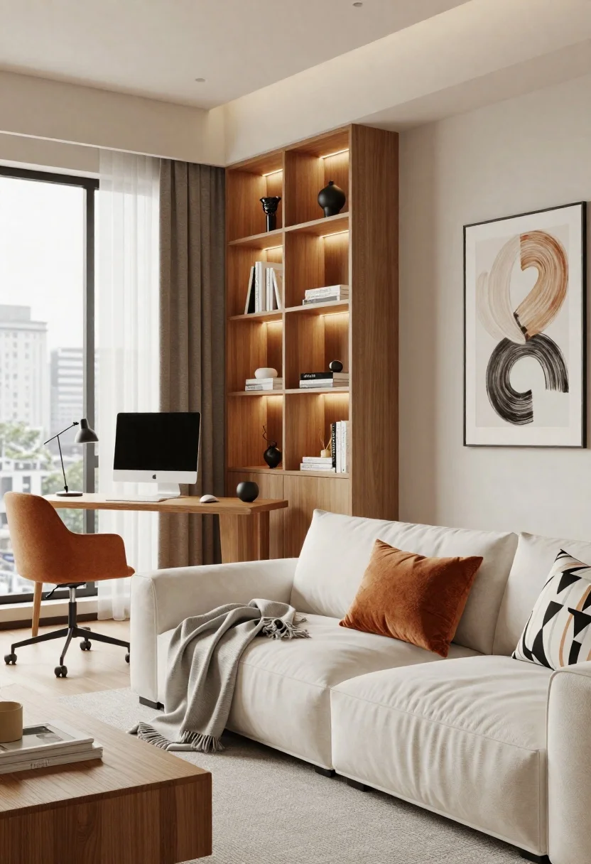 Cozy modern living room with built in shelving