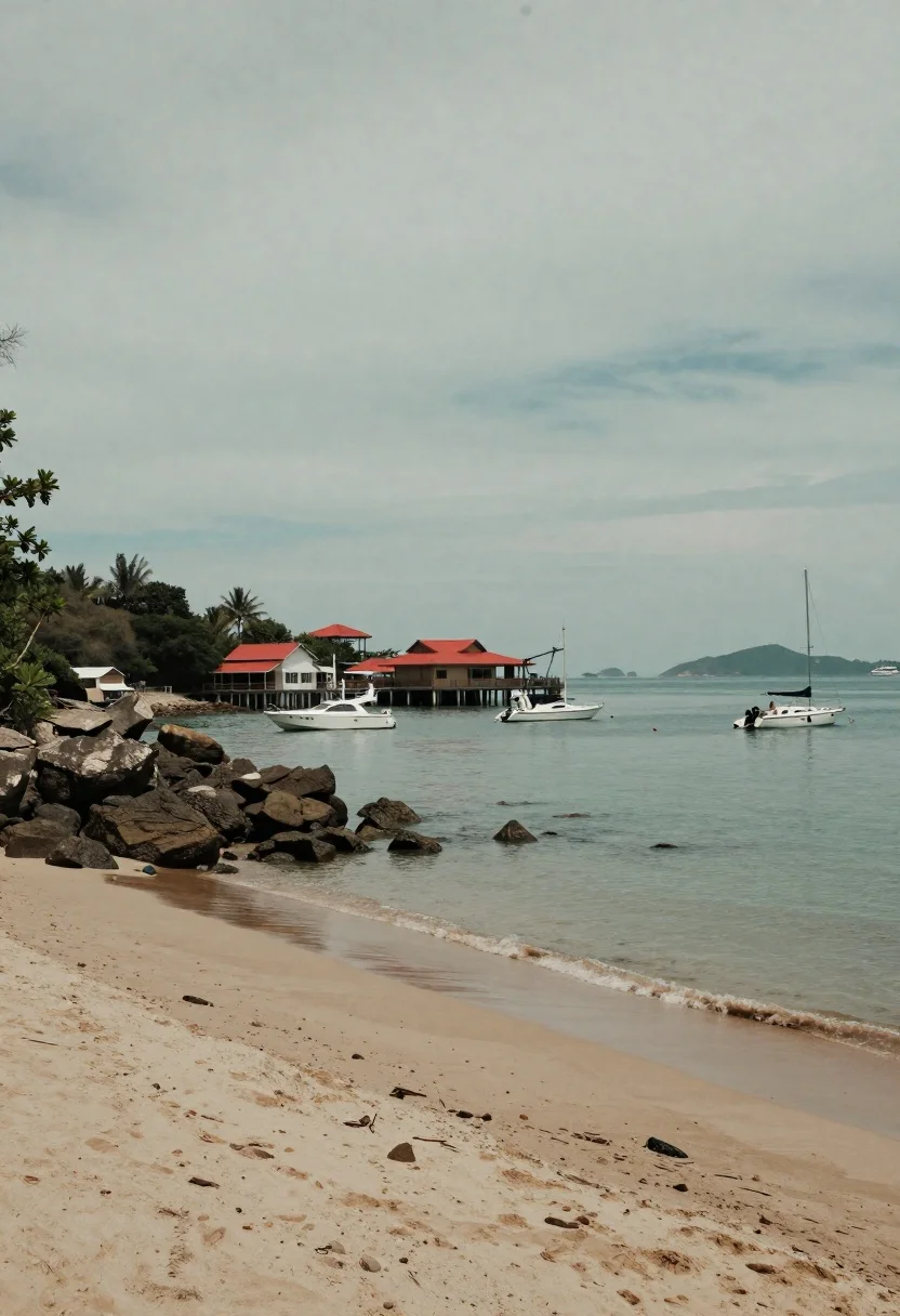 Tropical bay scene with red roof buildings pier and anchored boats - AI generated image prompt sample