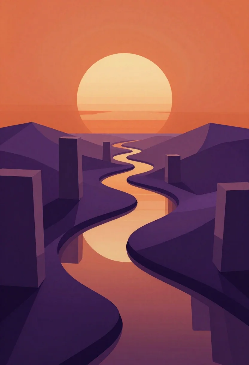 Surreal geometric landscape at sunset with glowing sun