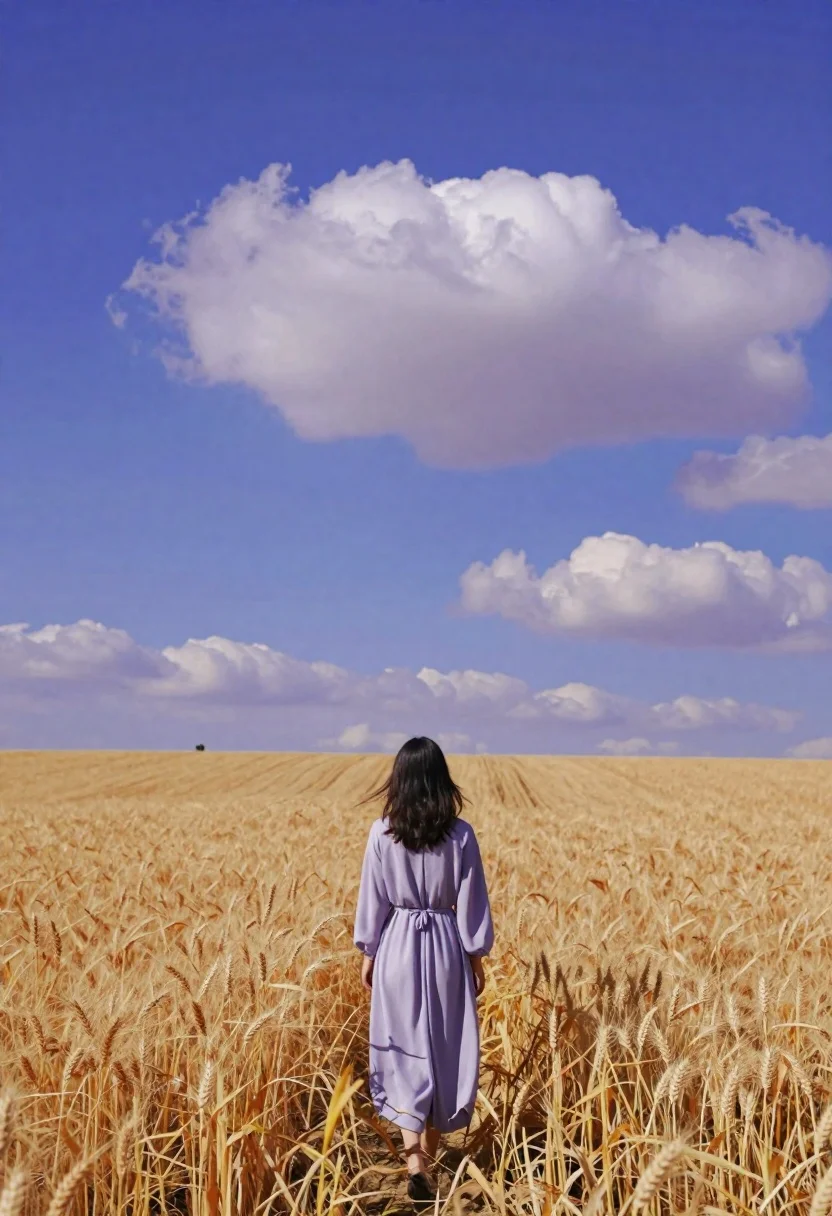 Woman in purple dress standing in golden wheat field - AI generated image prompt sample