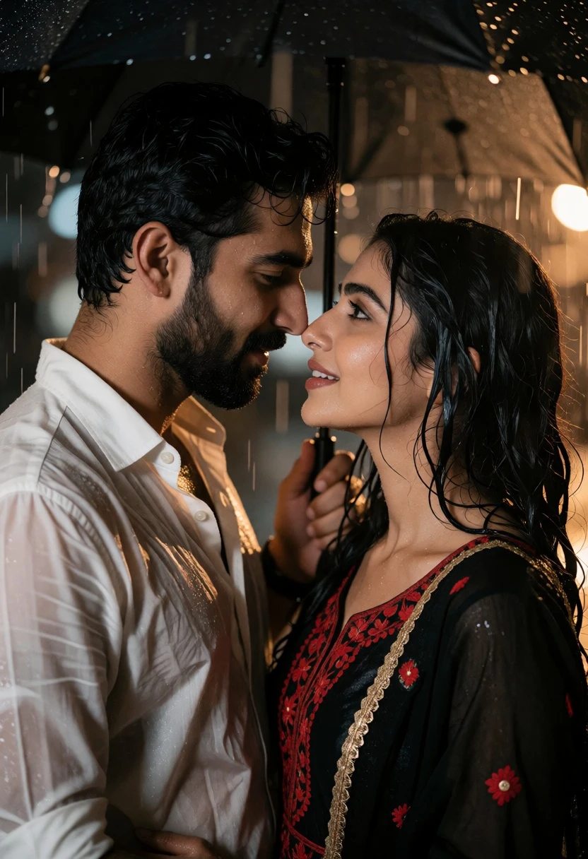 Intimate closeup of couple under black umbrella in heavy rain - AI generated image prompt sample
