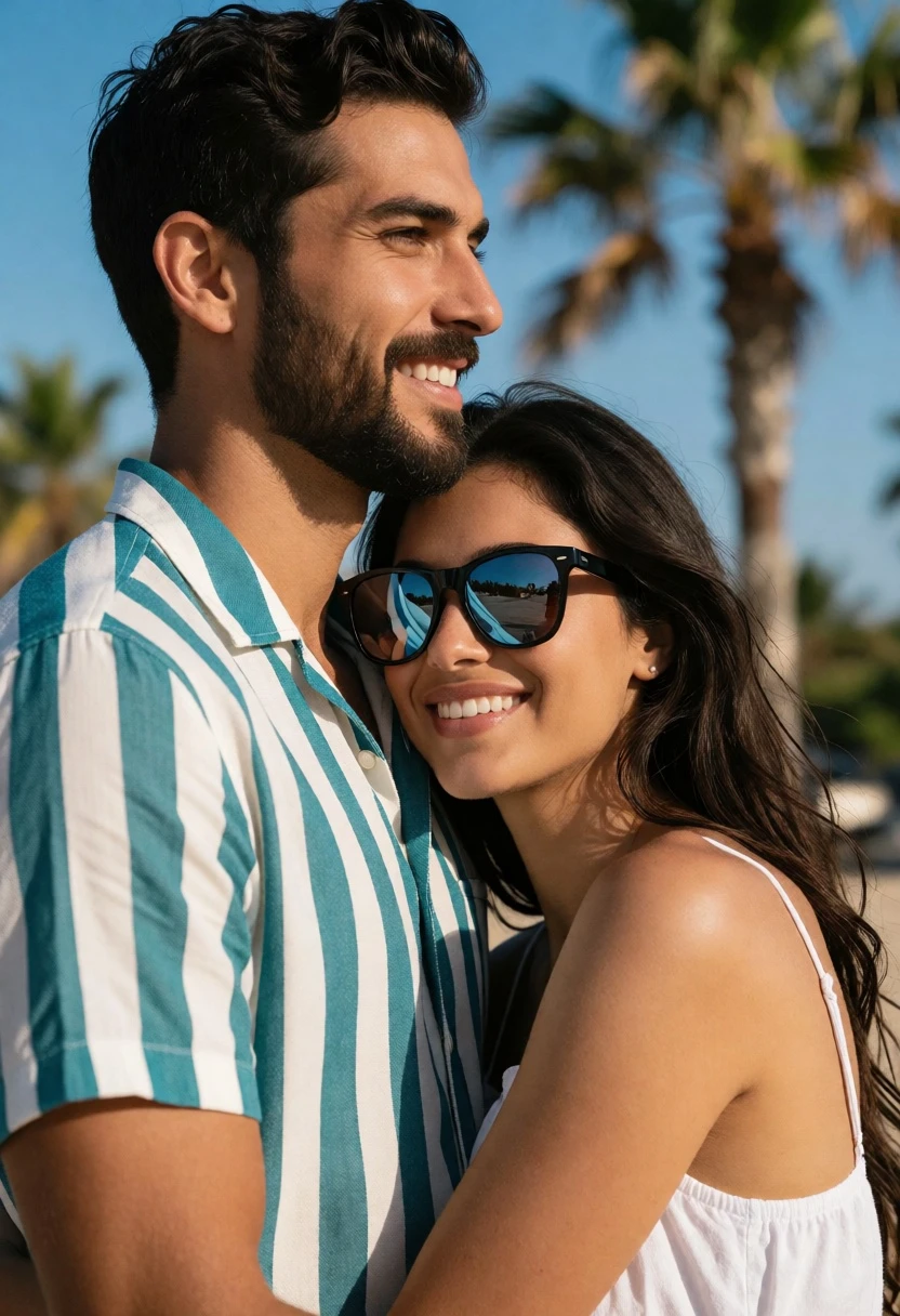 Medium close up portrait of smiling couple embracing outdoors near palm tree - AI generated image prompt sample