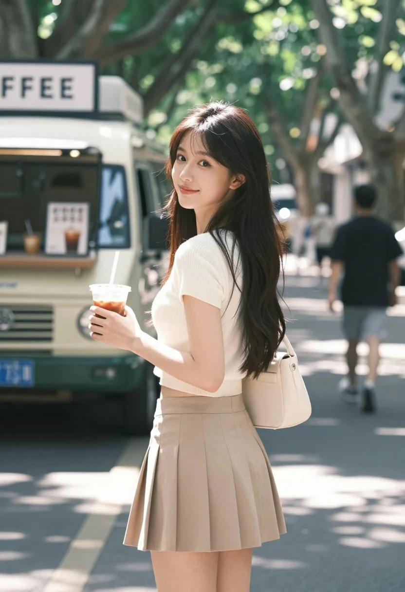 Young woman in cream outfit looking back over shoulder on paved street - AI generated image prompt sample