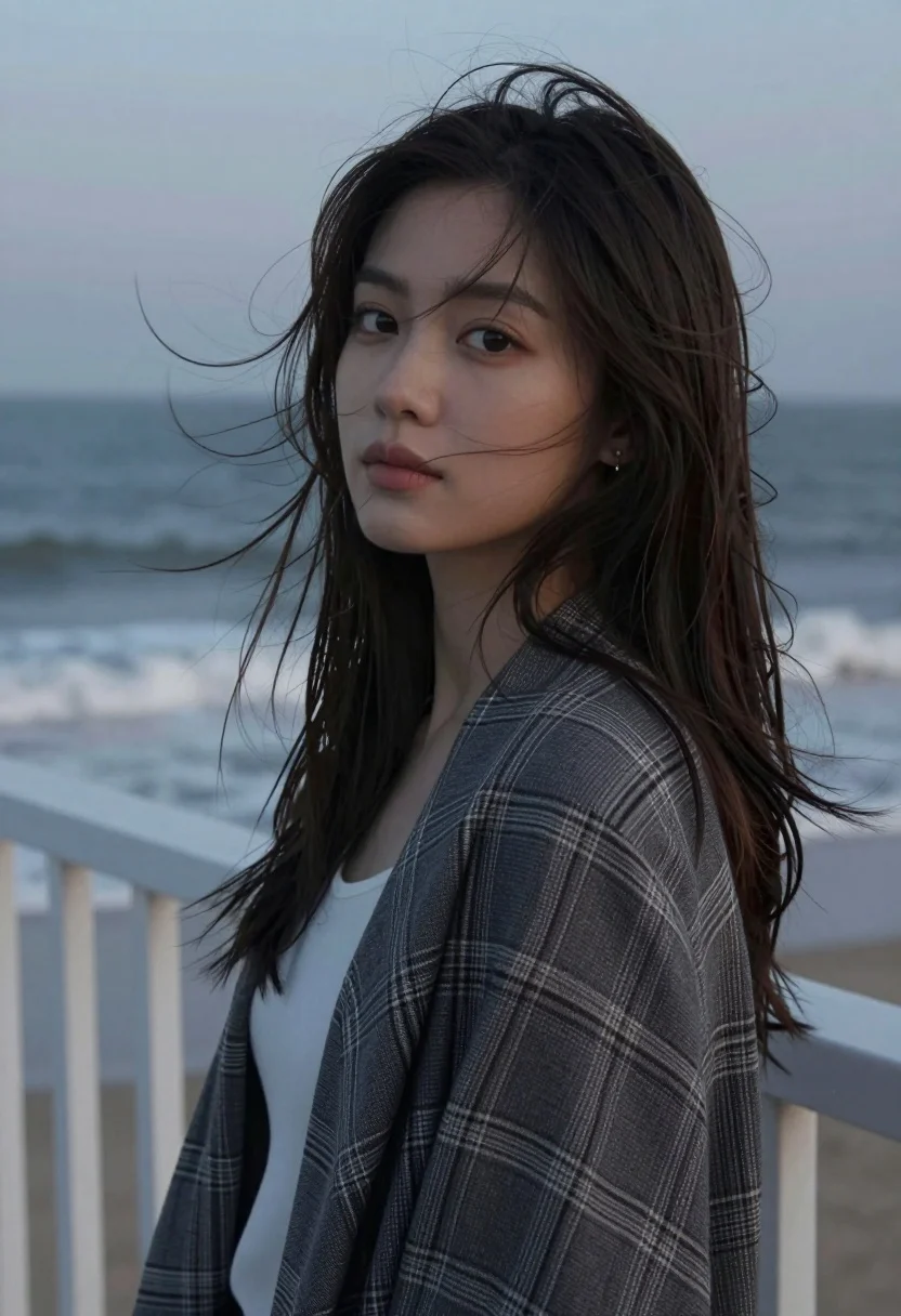 Young woman in grey shawl standing on pier overlooking crashing ocean waves - AI generated image prompt sample