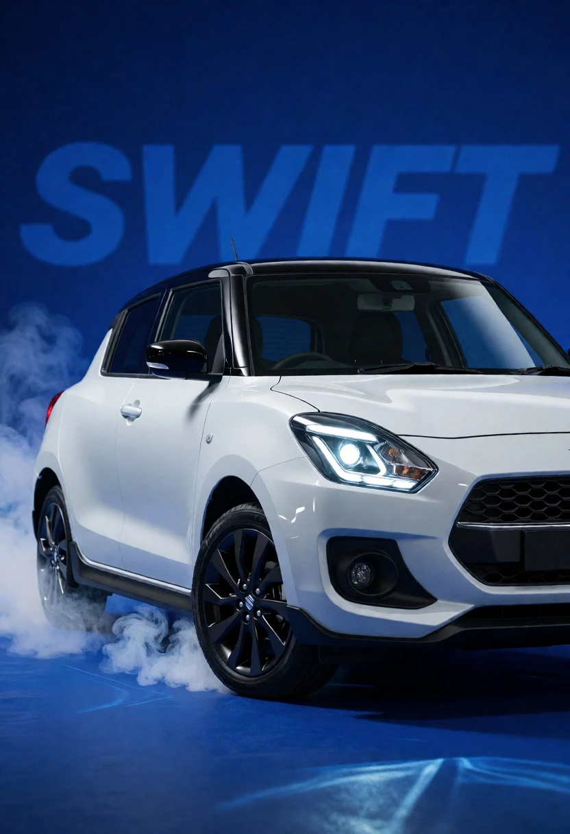 White suzuki swift hatchback smoking on royal blue studio backdrop - AI generated image prompt sample