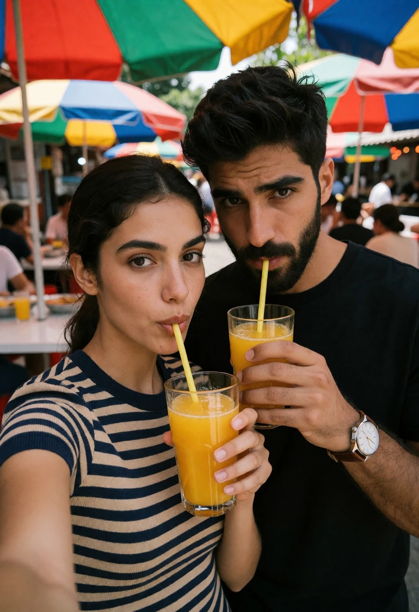 Couple taking a selfie at an outdoor food stall under colorful umbrellas - AI generated image prompt sample