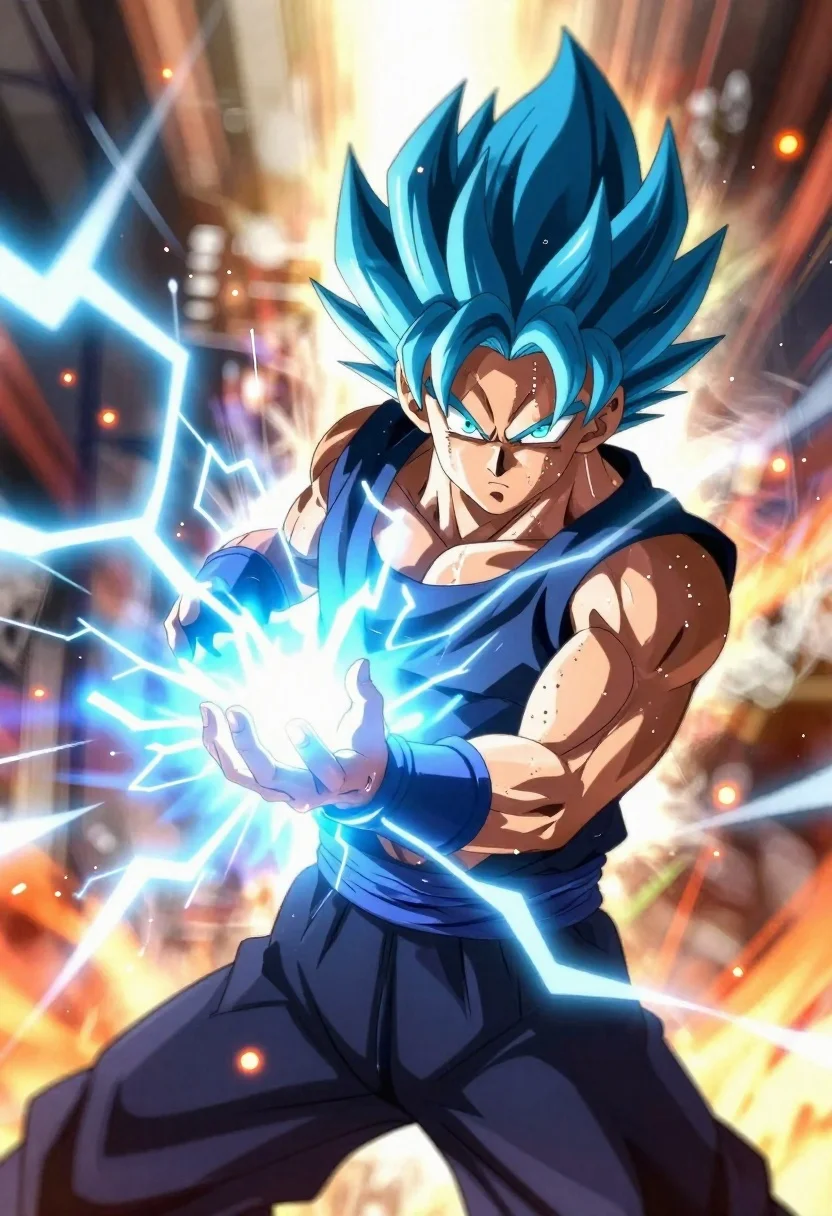 Anime warrior casting blue lightning energy portrait