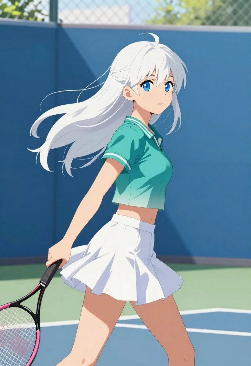 Anime tennis player in teal top on blue court - AI generated image prompt sample