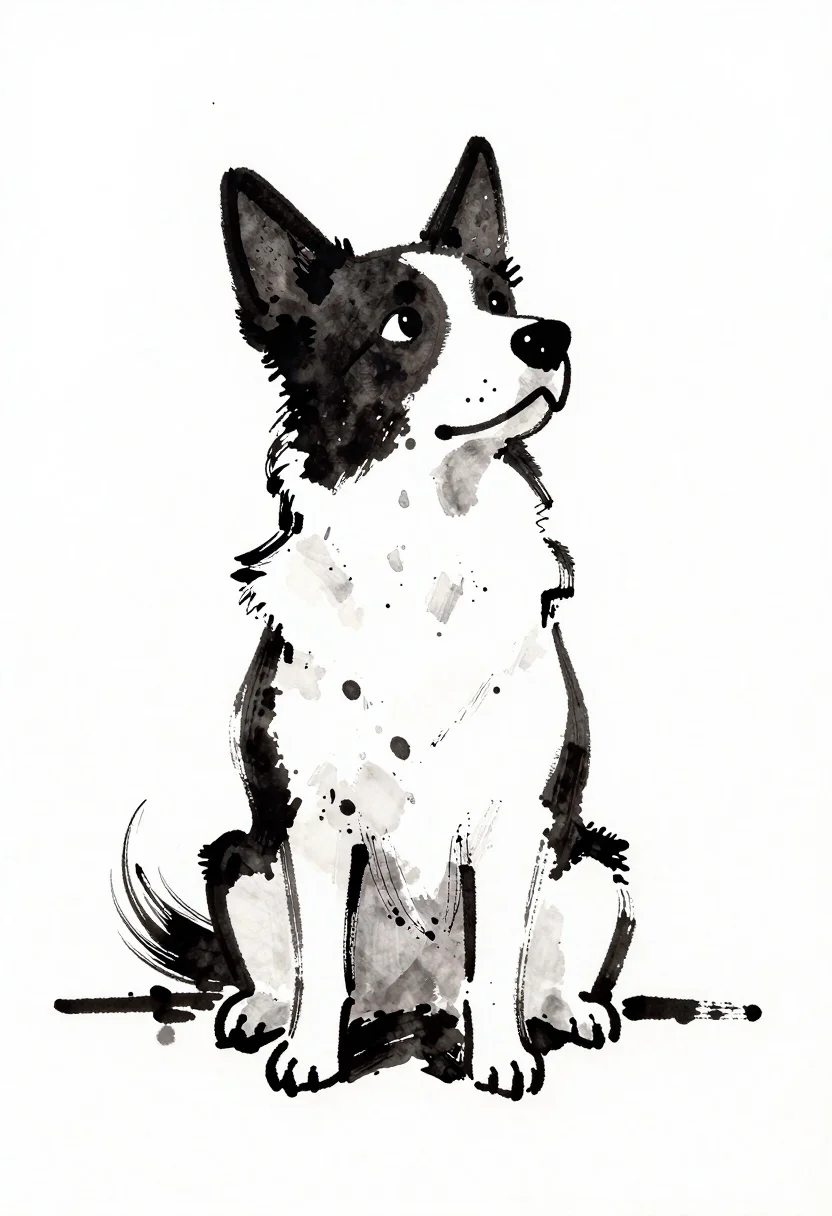 Ink wash sketch of a stylized sitting dog
