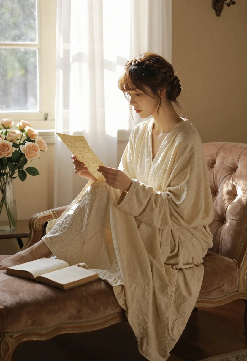 Young woman reading letter on chaise lounge by sunlit window - AI generated image prompt sample