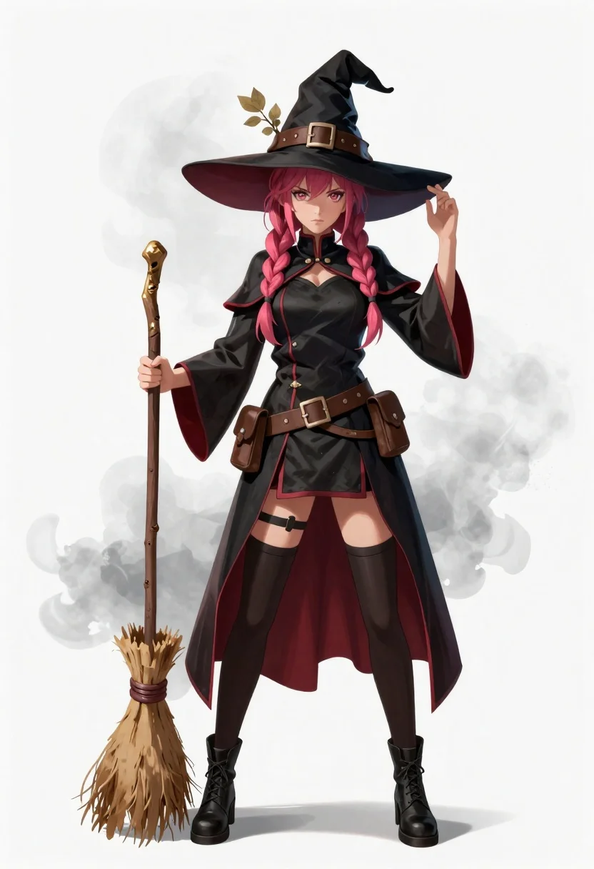 Witch in black dress holding broomstick against white background