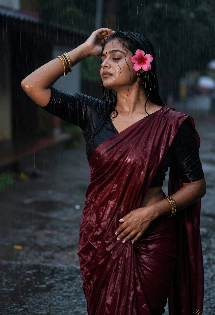 Young woman in maroon silk saree standing in the rain - AI generated image prompt sample