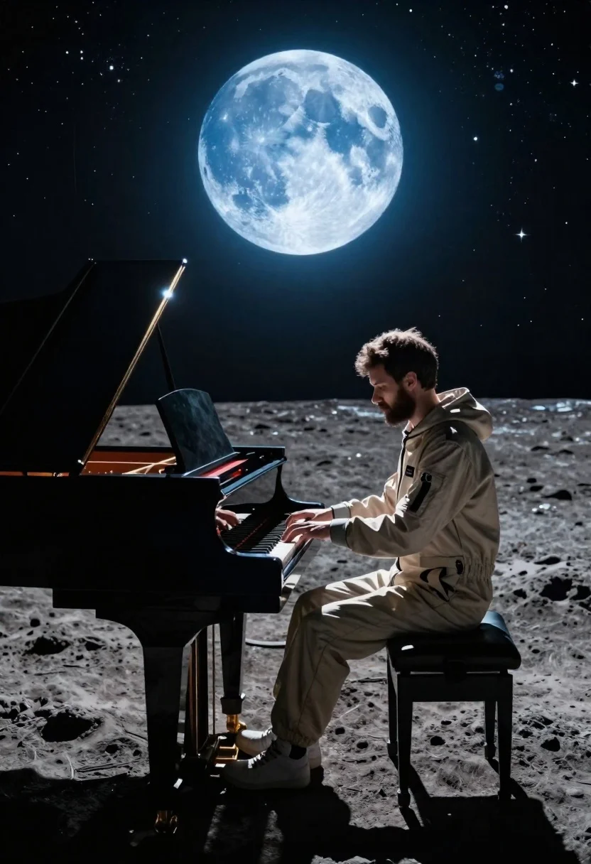 Man playing piano on lunar surface under blue moon