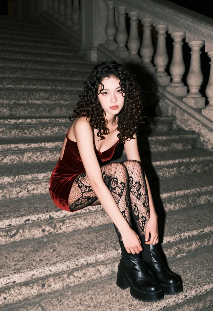 Young woman in maroon velvet dress seated on wide stone steps at - AI generated image prompt sample