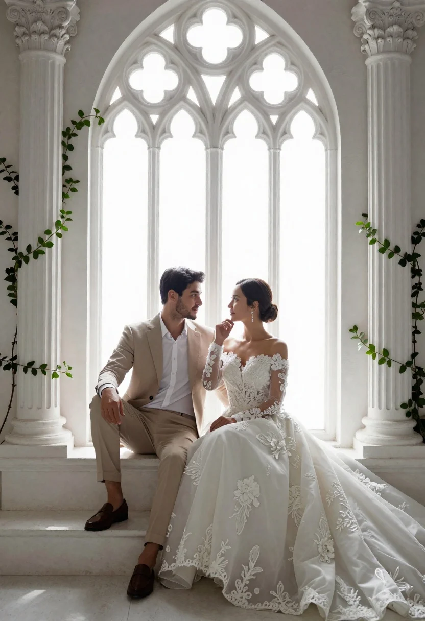 Romantic couple in wedding attire sitting before large gothic window - AI generated image prompt sample