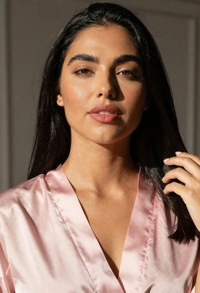 Studio portrait of woman in pink satin robe