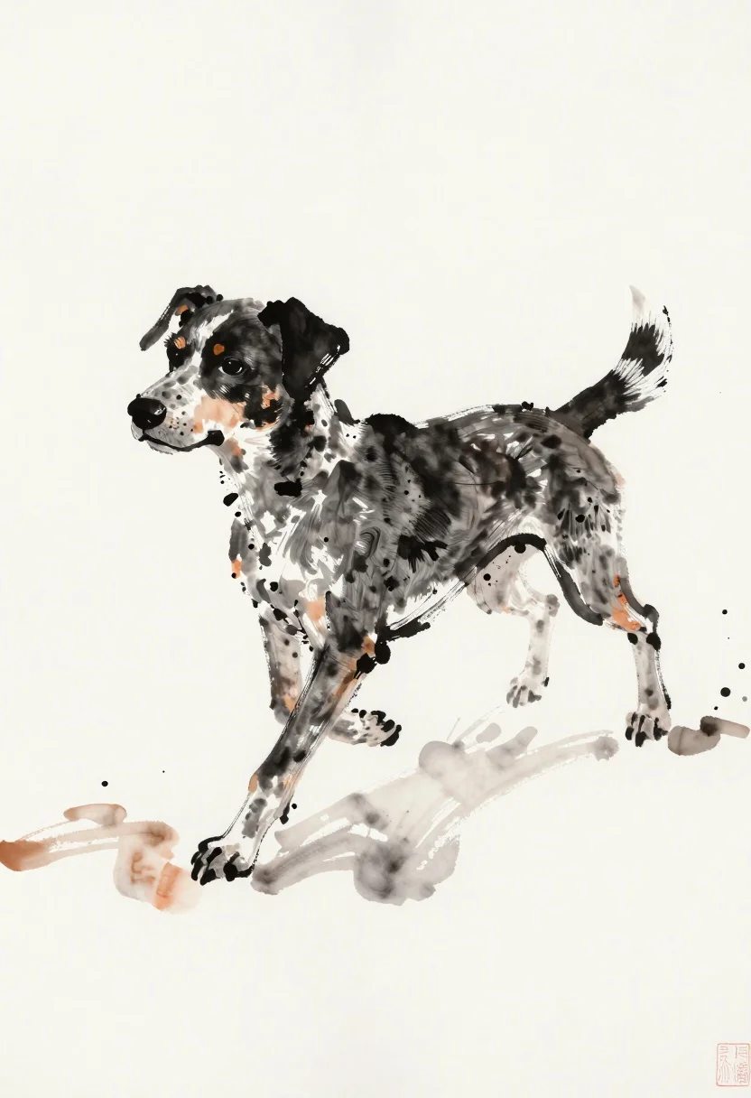Ink wash painting of a spotted dog in motion - AI generated image prompt sample
