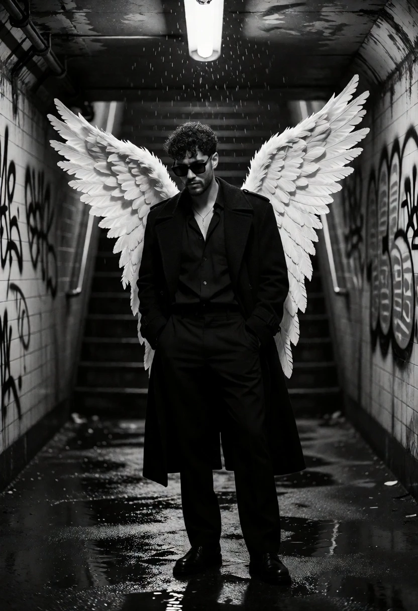 Man with large white angel wings in dark wet subway tunnel - AI generated image prompt sample