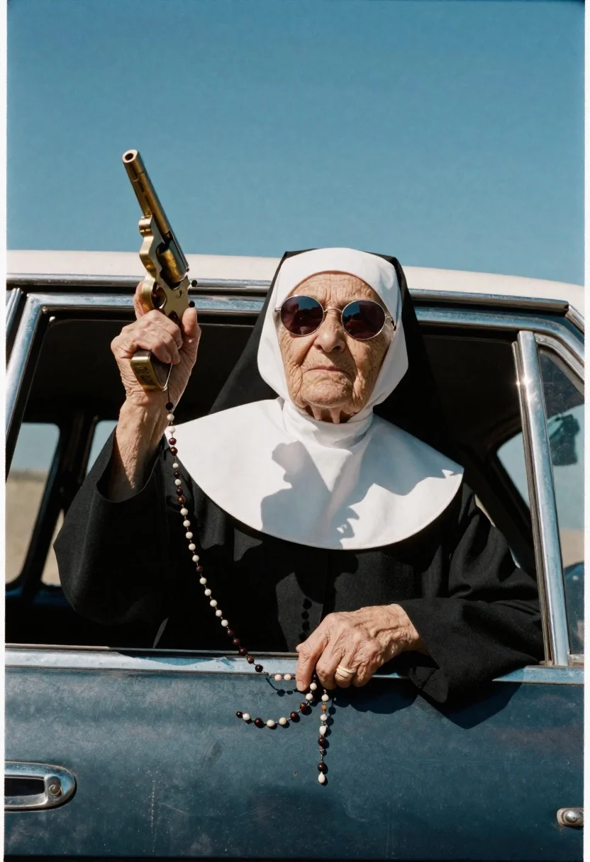 Nun in black habit leaning from open car window