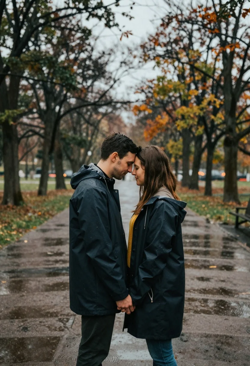 Romantic couple embracing intimately in the rain under autumn trees - AI generated image prompt sample