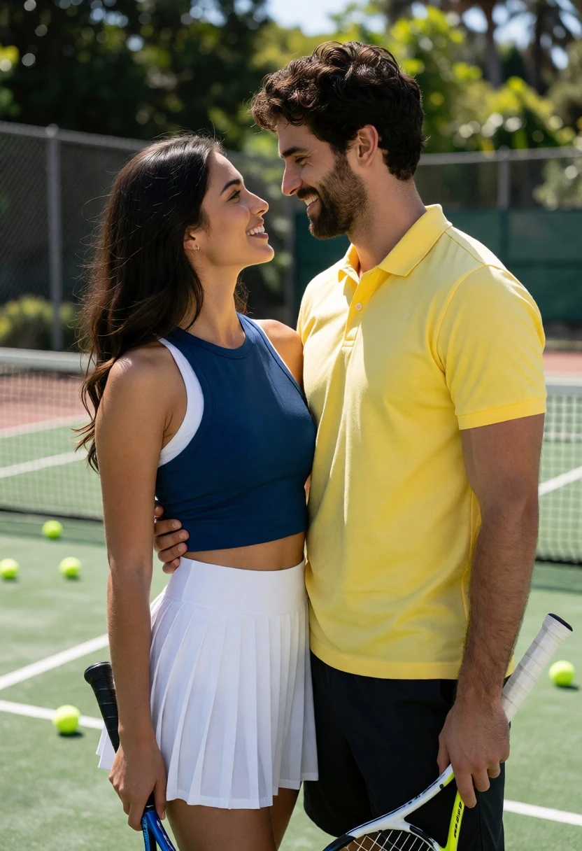 Romantic couple embracing on a tennis court under bright natural sunlight - AI generated image prompt sample