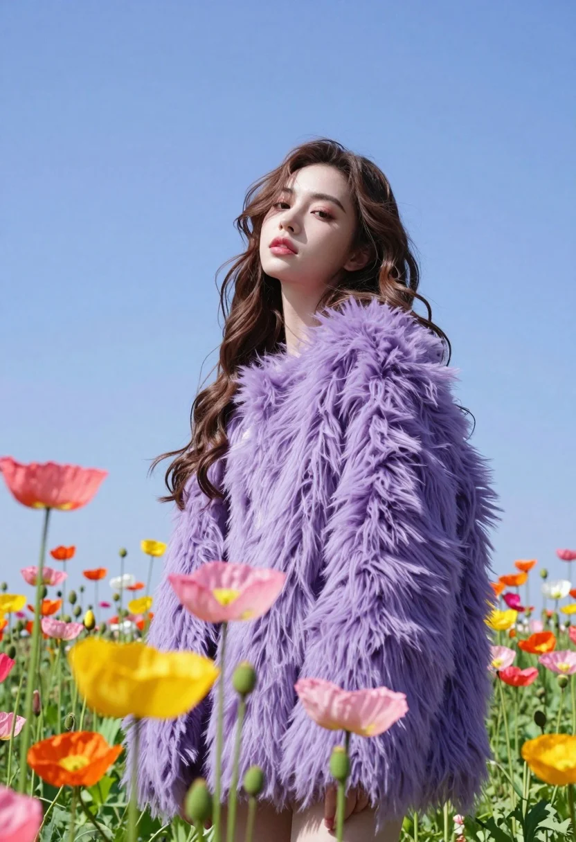 Low angle portrait of woman in purple fur coat among colorful poppy - AI generated image prompt sample