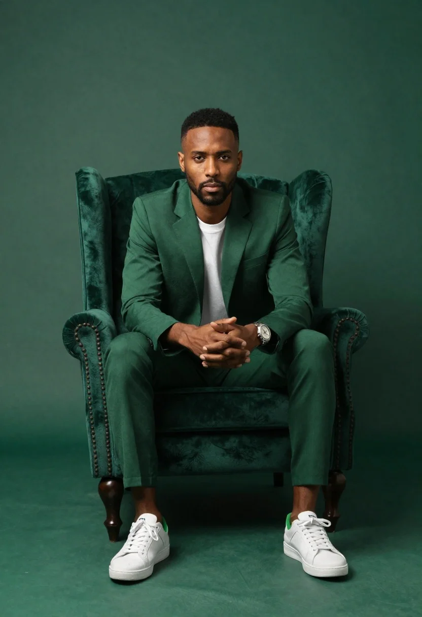 Darkskinned man in emerald suit seated in green armchair