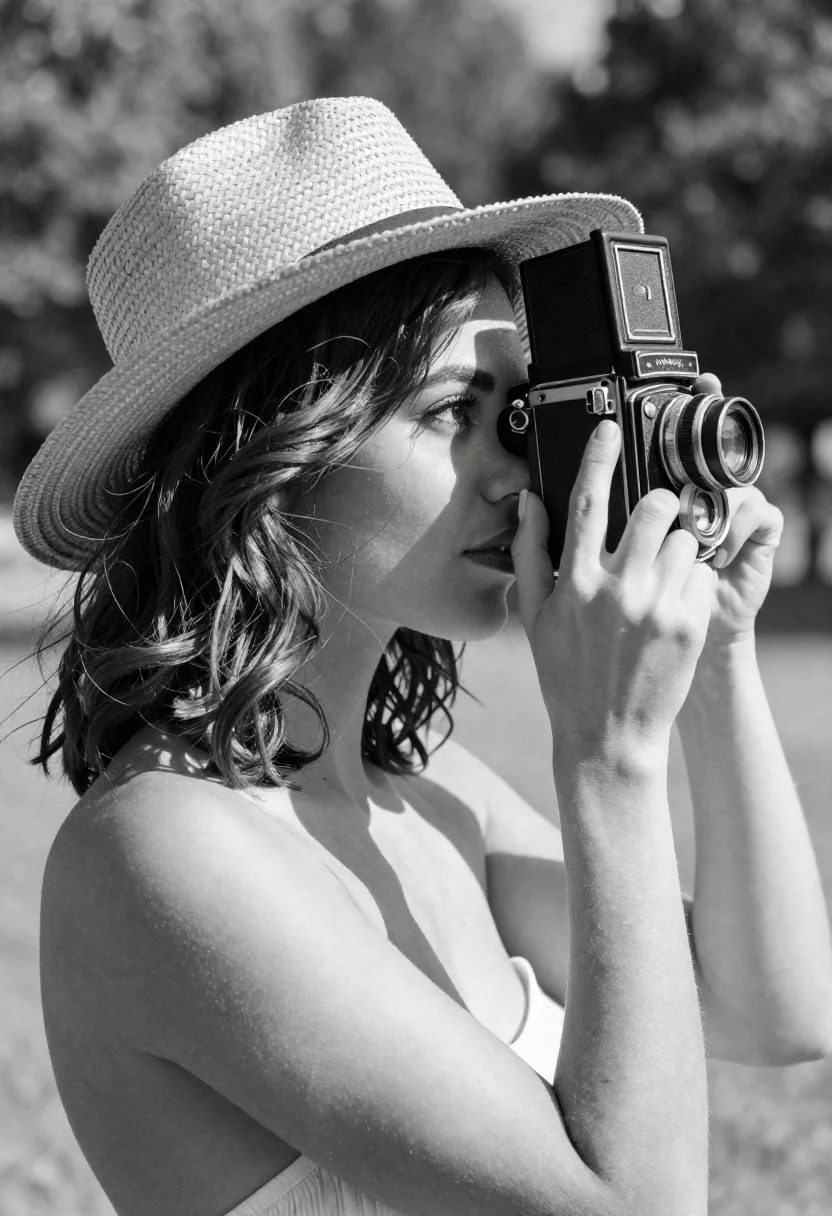 Woman in straw hat holding vintage camera in sunny garden - AI generated image prompt sample