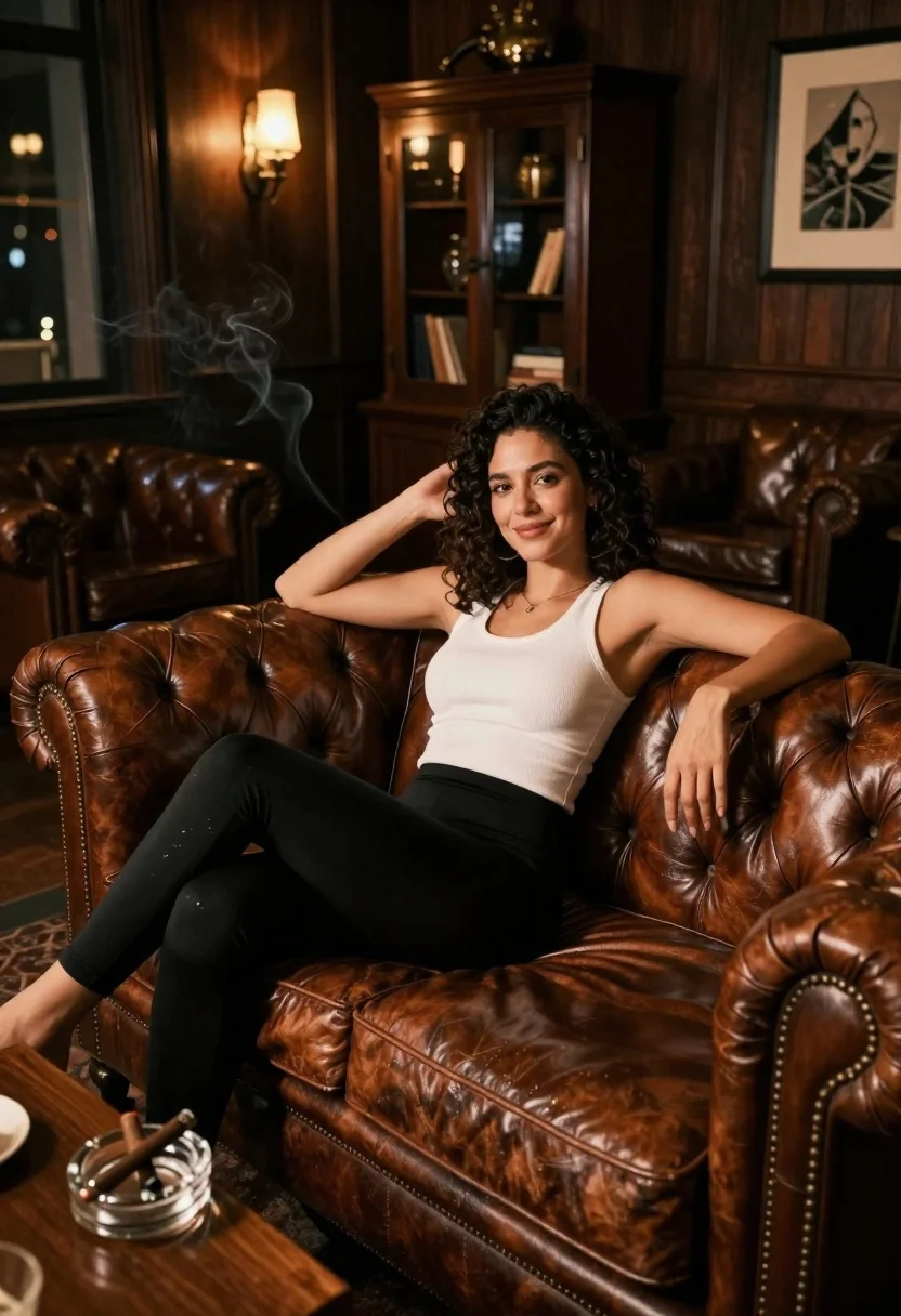 Woman lounging on leather sofa in dimly lit study