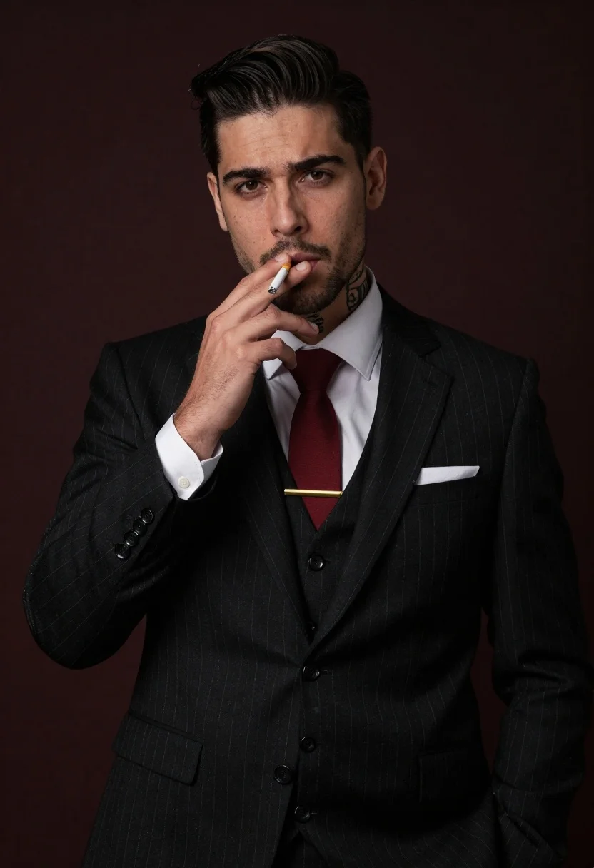Handsome man in black pinstripe suit holding cigarette in studio portrait - AI generated image prompt sample