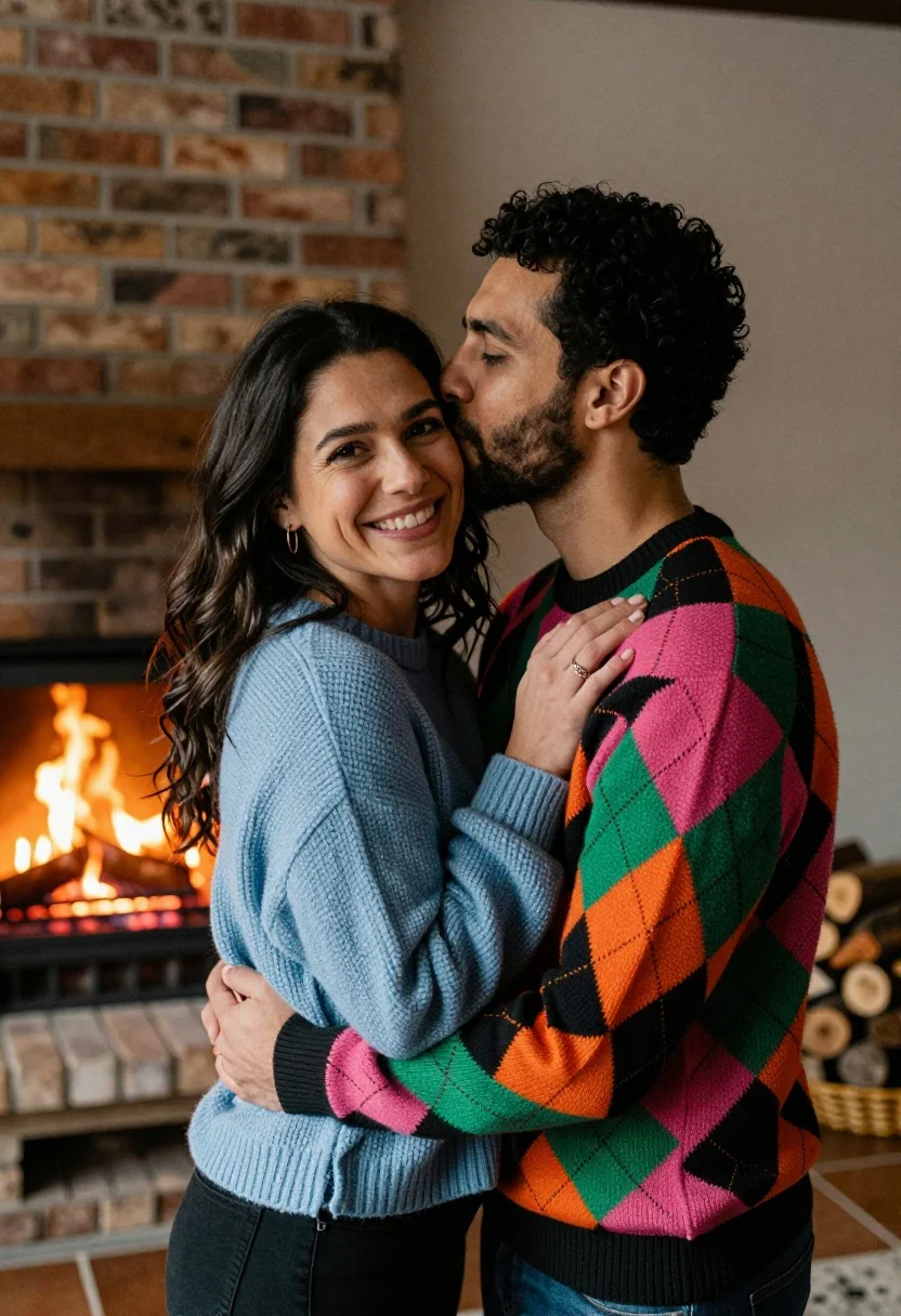 Intimate medium close up portrait of embracing couple by fireplace - AI generated image prompt sample