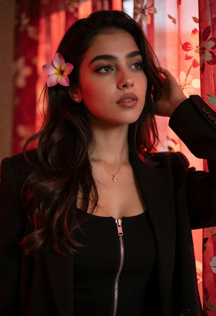 Young woman with dark hair posing indoors against red floral curtains - AI generated image prompt sample